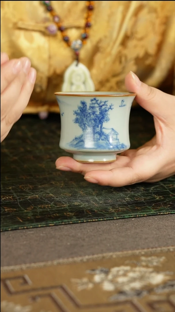 善窑厂汝窑青花山水马蹄杯