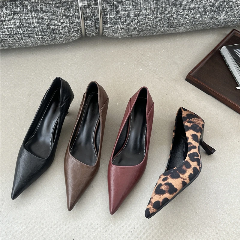 2025春秋季新款时尚气质尖头高跟鞋女百搭软皮细跟浅口豹纹单鞋