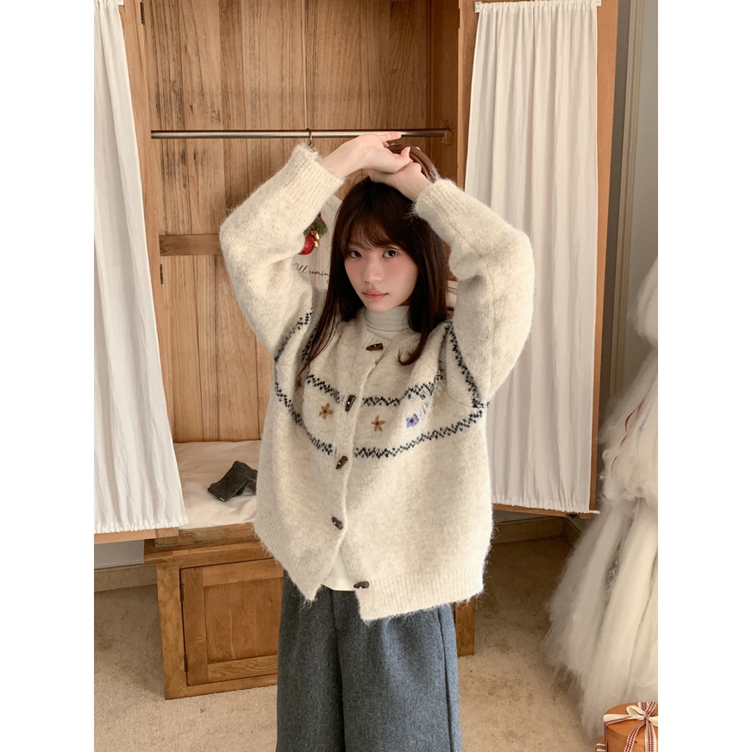 费尔岛毛衣开衫女秋冬季牛角扣慵懒风提花针织衫外套