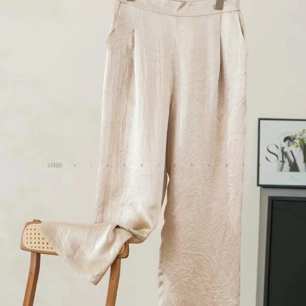 【肆月】夏季新款醋酸休闲透气松紧直筒阔腿裤女