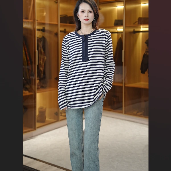 显瘦长袖t恤女休闲百搭2025春季新款宽松条纹套头25022605