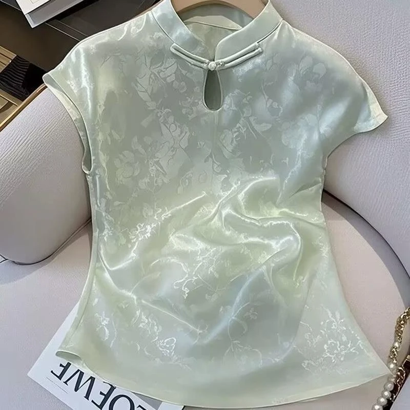 新中式高端国风绿色缎面提花短袖衬衫女2025夏季小众正肩T恤上衣
