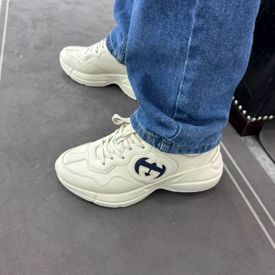 未使用 GUCCI/古驰 全新 Rhyton 皮革 圆头系带 低帮 休闲鞋