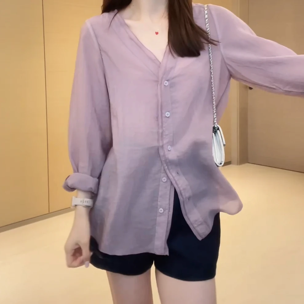 韩系简约时尚设计感衬衣夏季新品双层花边V领微透宽松衬衫女C5627