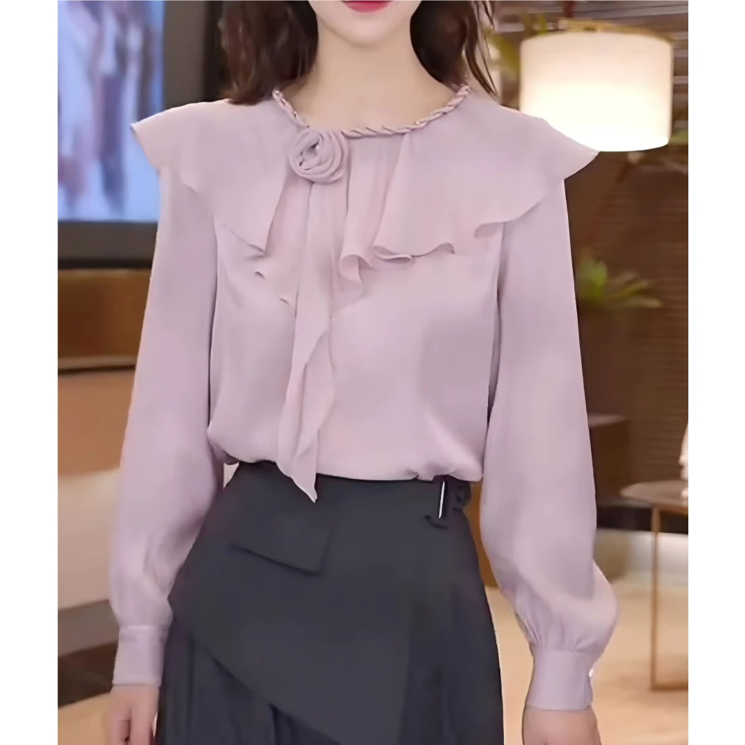 【732】法式气质立体花朵荷叶领衬衫女时尚百搭通勤圆领打底上衣