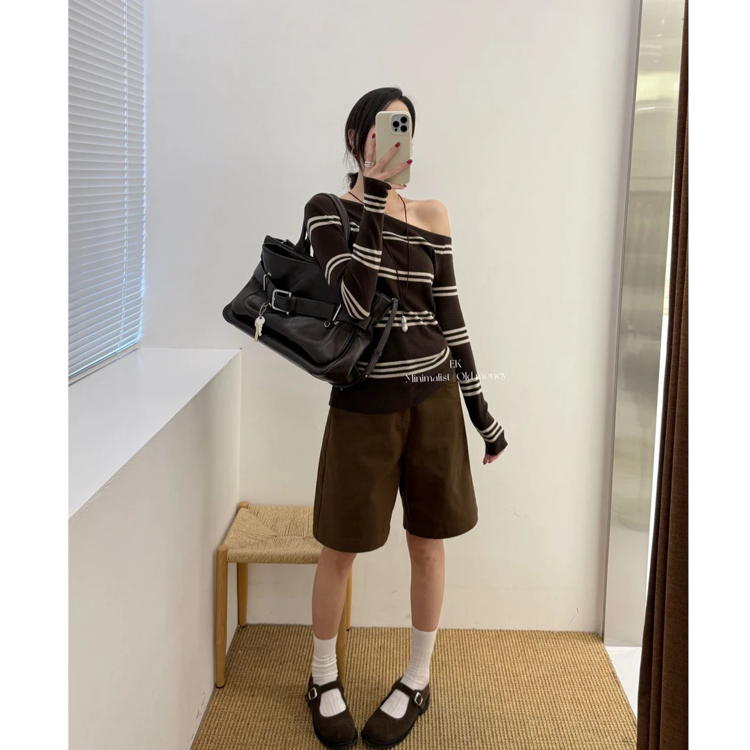 EK2025新款韩系撞色条纹一字斜肩长袖针织衫女修身显瘦打底衫1182