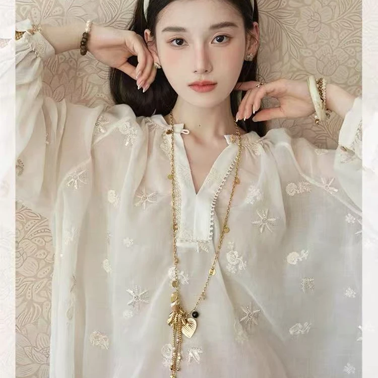 【午后小憩】2025夏季新款时尚法式慵懒风休闲刺绣长袖衬衫.K50524a