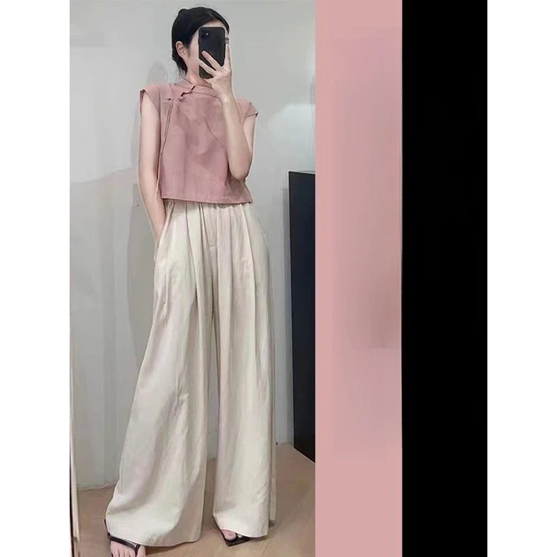 改良新中式盘扣无袖衬衫女2024夏季新款高腰阔腿裤国风两件套女潮