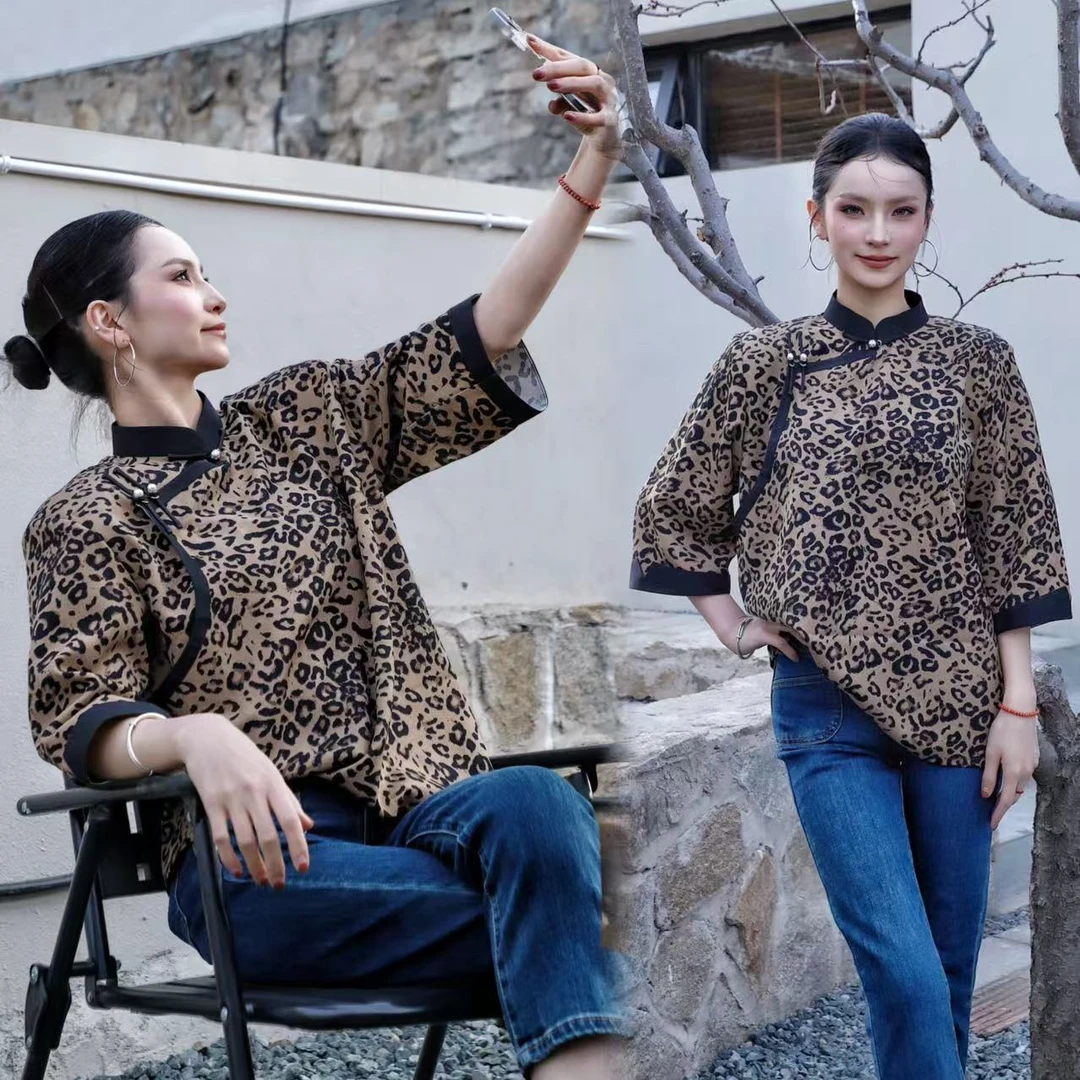【大树蒙古袍】DS38夏季豹纹短袖设计师设计款民族风
