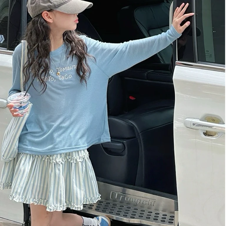 2025中大女童字母印花轻薄空调防晒衫T恤条纹半身裙内带短裤25217