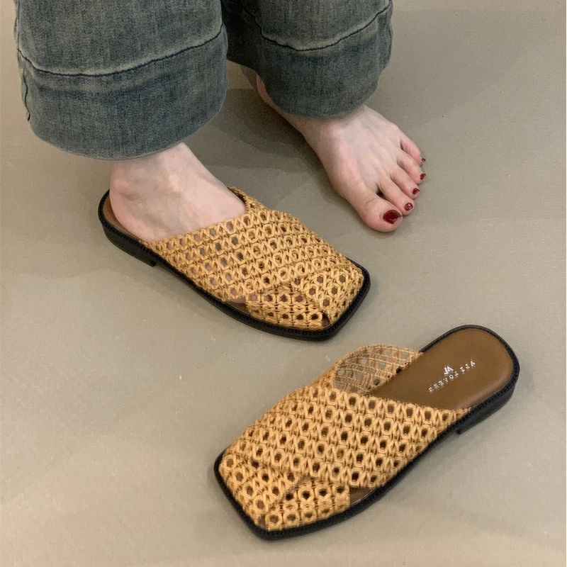 QR-3211-456设计感包头半拖鞋2025法式编织镂空透气一脚蹬穆勒鞋