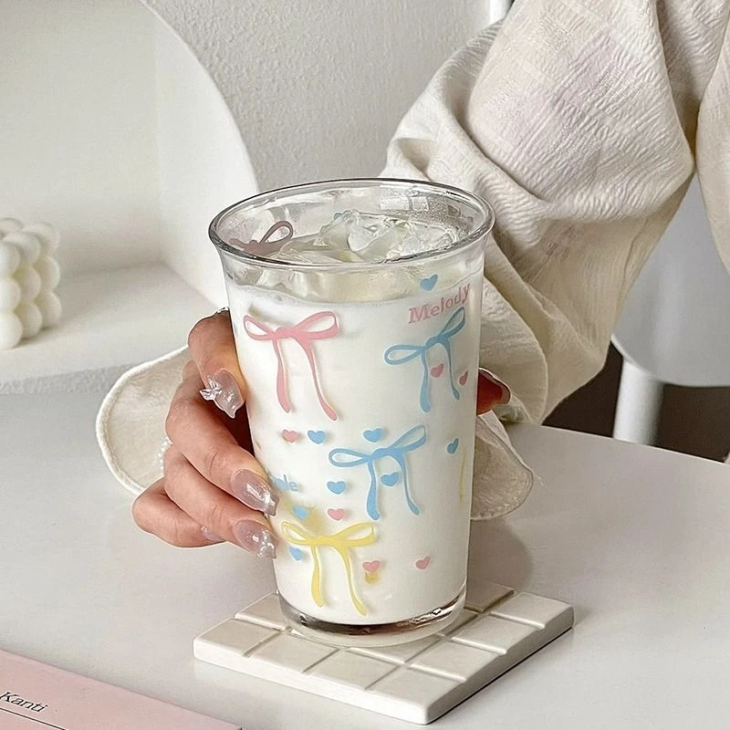 可爱ins风少女心蝴蝶结玻璃咖啡杯家用喝水高颜值杯子冷饮杯*