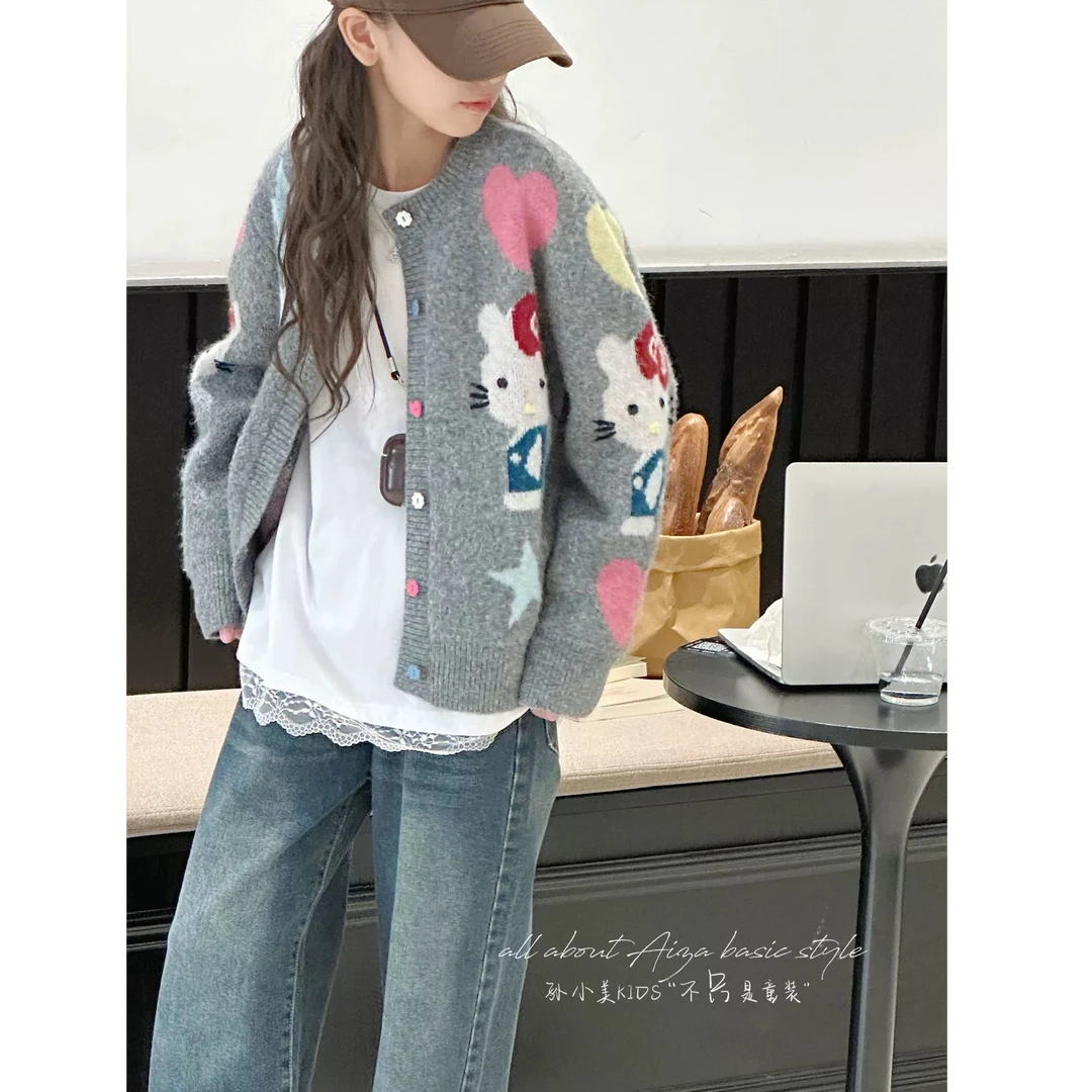 女童毛衣开衫秋装2025新款儿童春秋洋气KT猫毛线衣女孩针织衫外套
