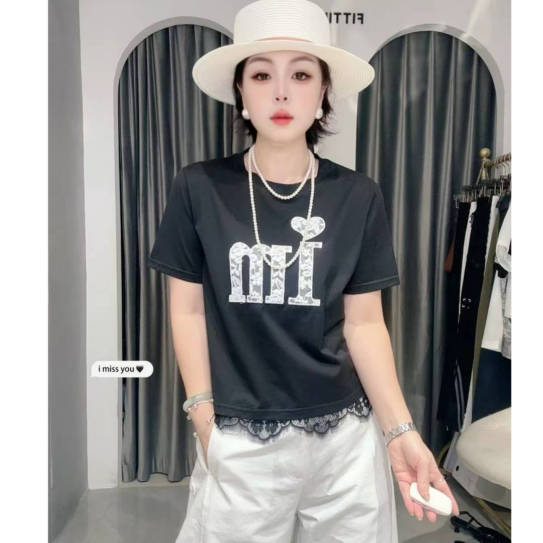 【依尚精选】夏季T恤时尚百搭圆领拼接蕾丝字母宽松短袖T恤女