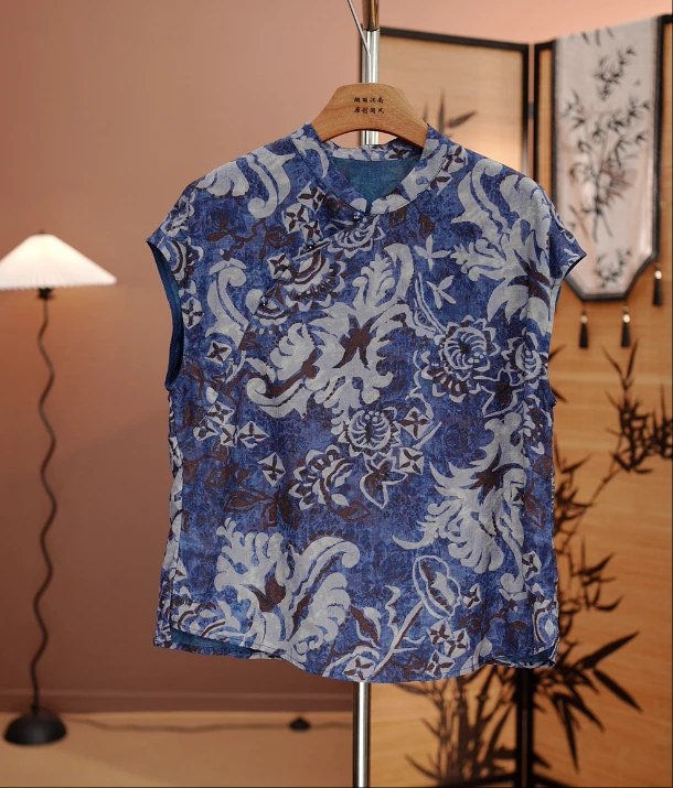 【青花瓷】新款新中式立体花萝香云纱斜襟显瘦透气宽松短袖