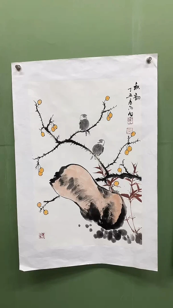 竖款精品开三花鸟，秋韵