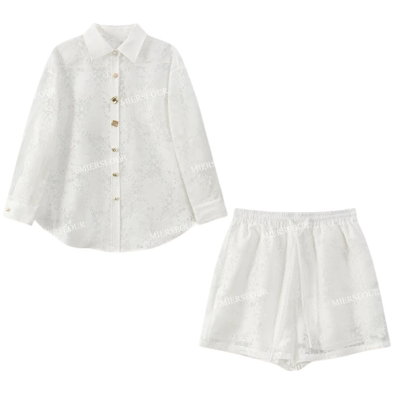 【封后轻奢设计】【雾白雅致】时尚镂空微透衬衫短裤套装1220