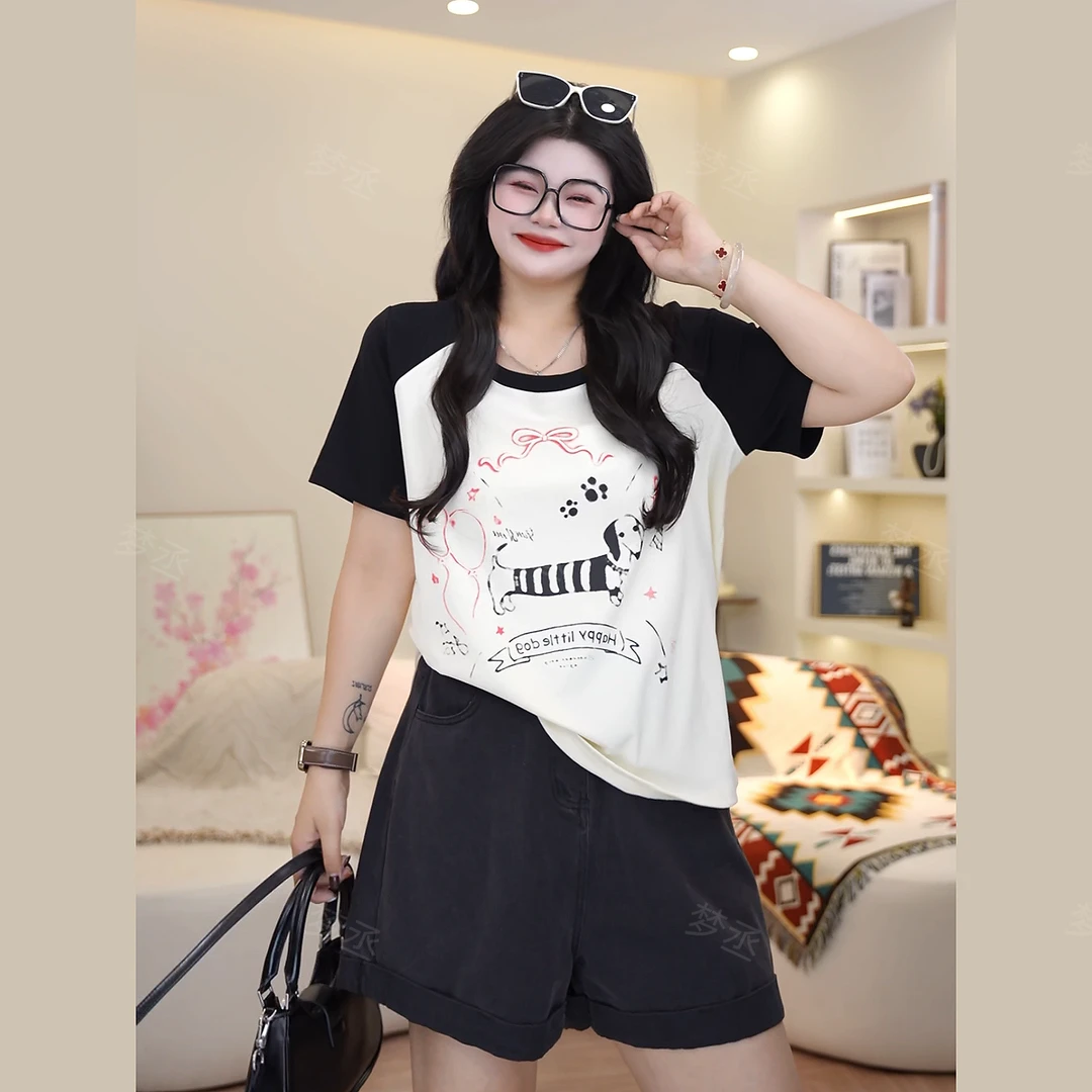 梦丞-腊肠小狗印花夏季大码女装正肩微胖百搭显瘦遮肉短袖T恤女