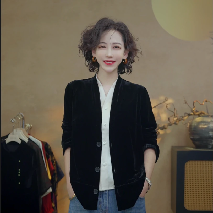 100%桑蚕丝真丝丝绒假两件V领拼接短款上衣秋女西装外套C191