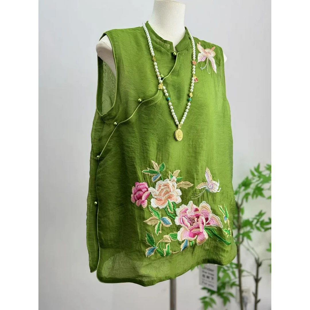 2025夏季新款女时尚休闲马夹上衣新中式国风重工刺绣斜襟扣马甲女