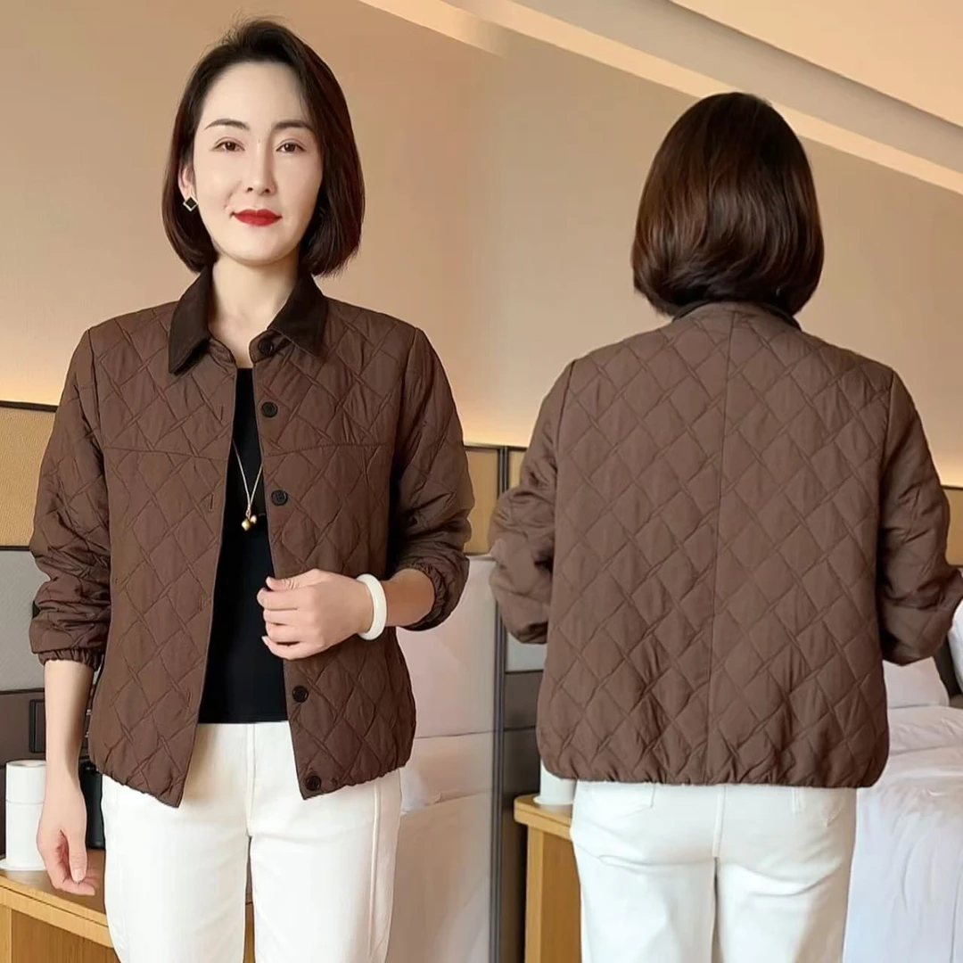 2025冬季时尚妈妈轻薄翻领菱格棉服上衣保暖棉袄洋气减龄棉衣外套
