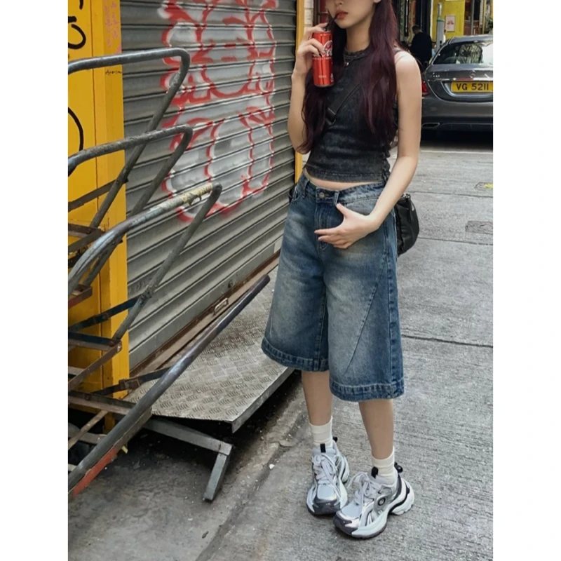 夏季新款复古设计感阔腿牛仔五分裤低腰直筒宽松显瘦短裤