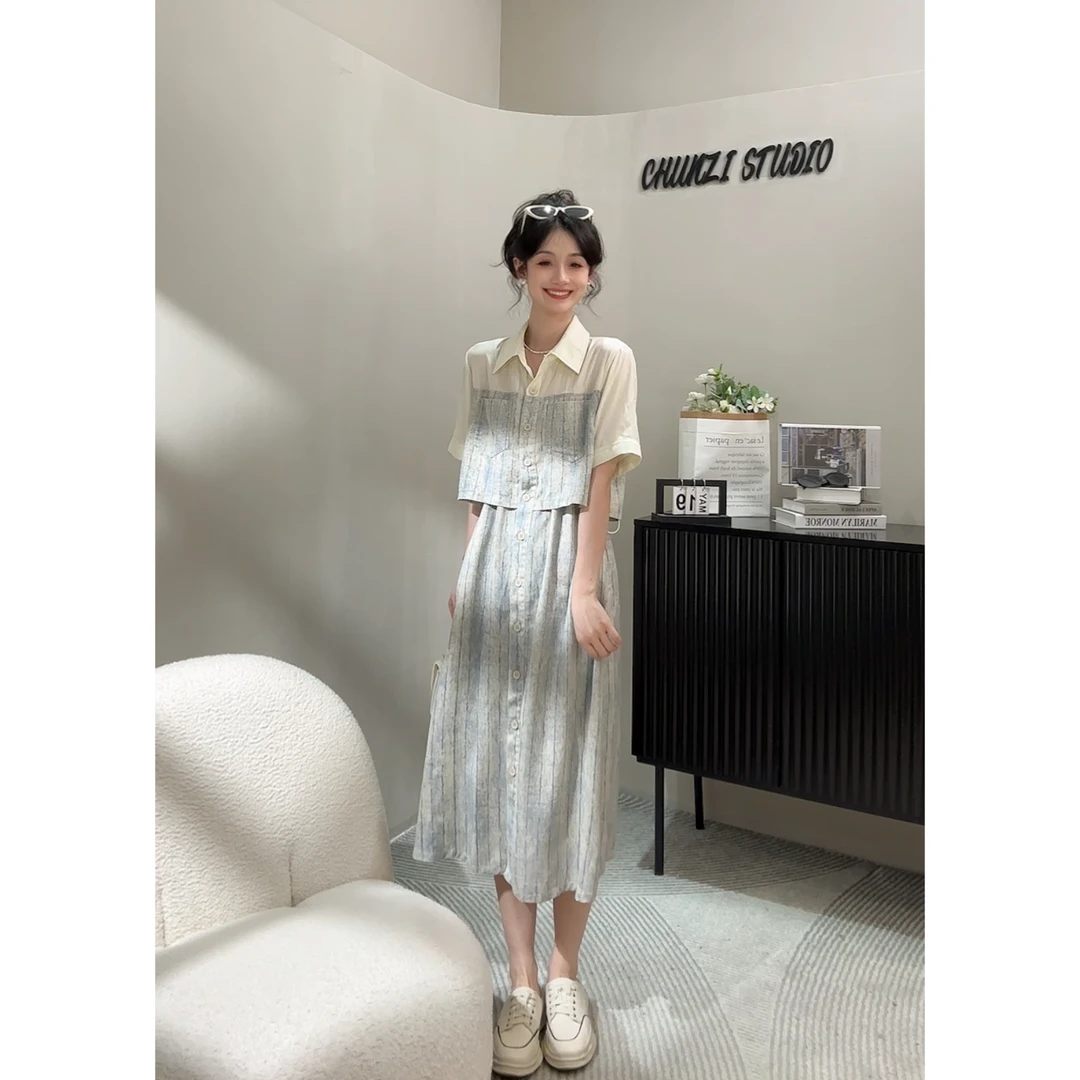 【慧姐】100%莱赛尔天丝拼接晕染条纹连衣裙【10773】