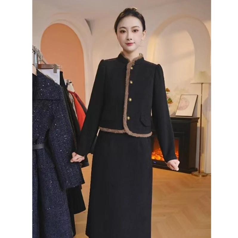 Y1722小香风气质长袖时尚黑色秋冬显瘦中式两件套修身套装裙子