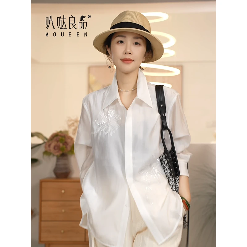 【叭哒不惑】小兰花 天丝时尚气质刺绣亮片衬衫长袖百搭上衣