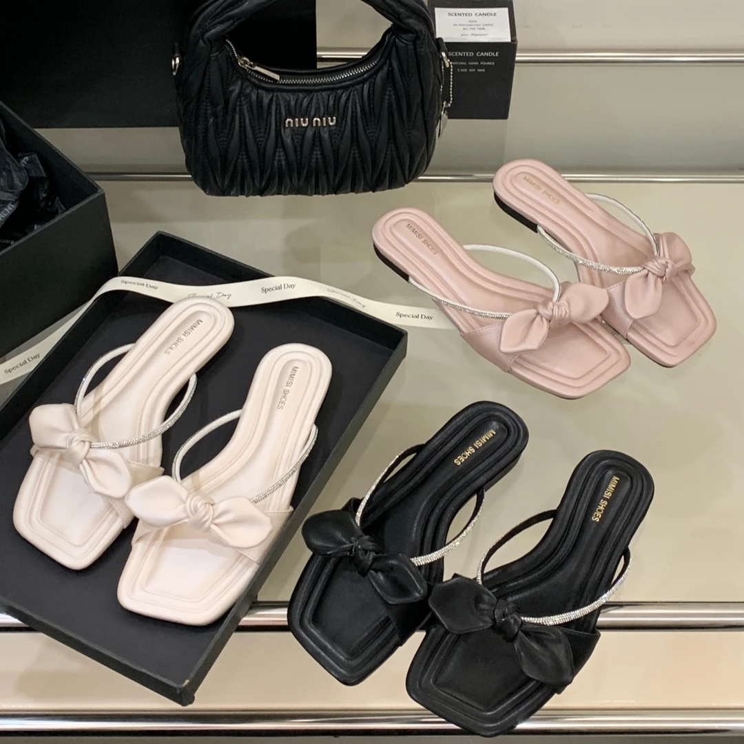 SUMI 仙女风蝴蝶结水钻外穿一字平底拖鞋方头配裙子平跟凉拖