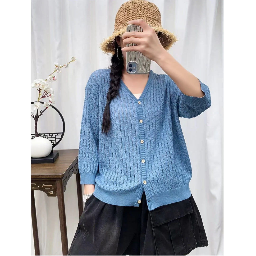 2025新款冰丝夏装时尚休闲多巴胺彩色系大码女装气质镂空七分袖