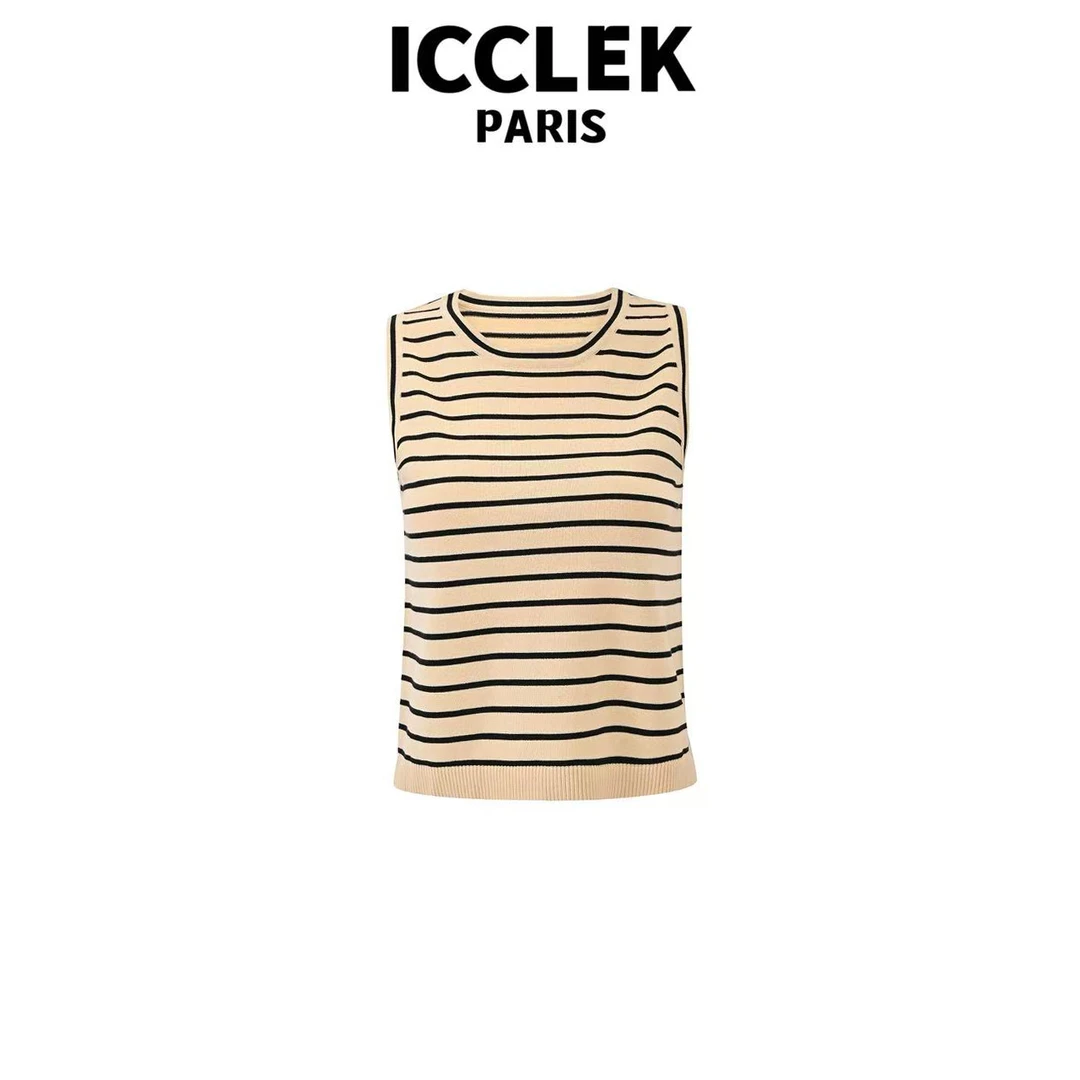 ICCLEK 杏色条纹刺绣无袖针织背心夏季休闲百搭显瘦气质通勤-5235