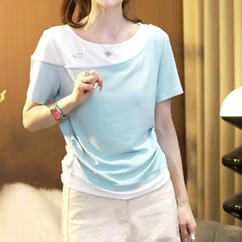 2025夏季设计师假两件拼接短袖百搭修身显瘦T恤LK2502990