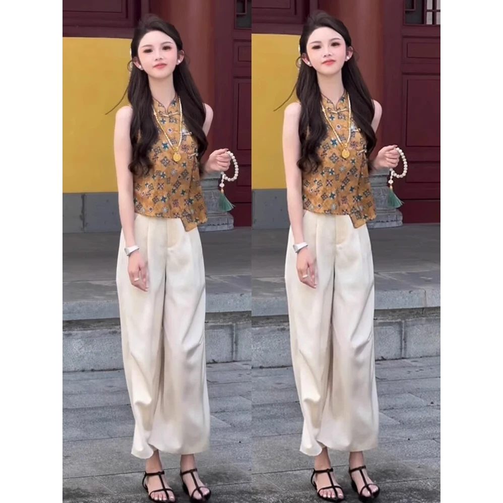 时尚套装夏季新款新中式国风盘扣立领提花无袖上衣阔腿裤两件套