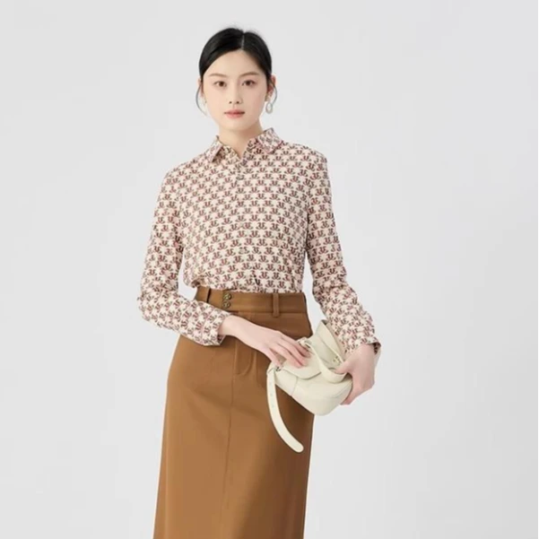 GIRDEAR/哥弟新款气质长袖时尚深设计师印花通勤休闲衬衫女130073