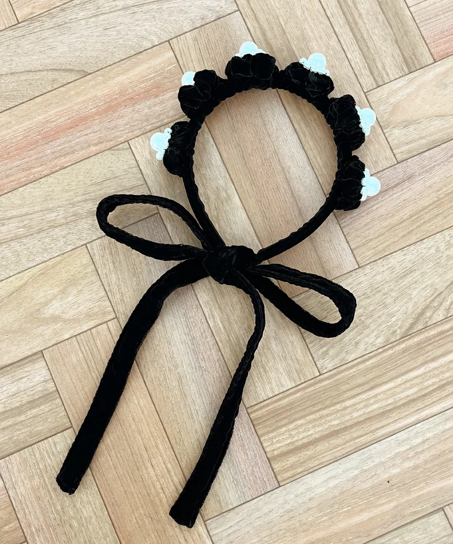 【FaFa】日系 DC 可爱精致丝绒珍珠 小花朵系带头饰发箍FA512-018