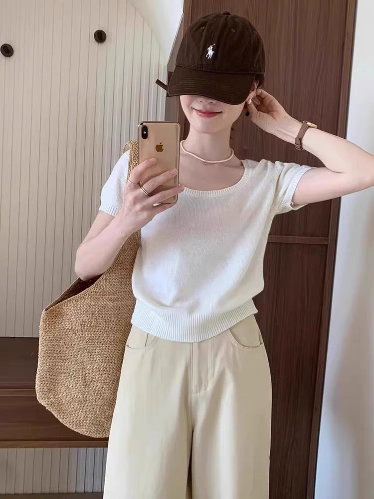 玲姐定制-女新款休闲夏季修身显瘦正肩针织短袖159419