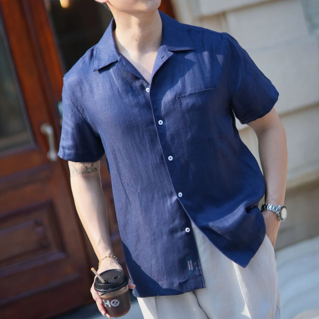 PEONIA ROSSA法国进口雨露麻短袖男士亚麻衬衣百搭休闲轻奢气质