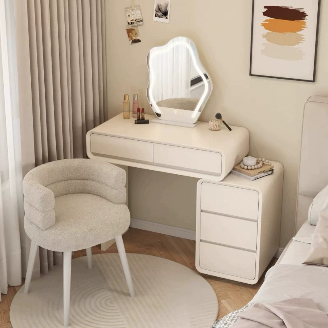 实木烤漆小户型梳妆台卧室60cm现代简约奶油风主卧斗柜一体化妆桌