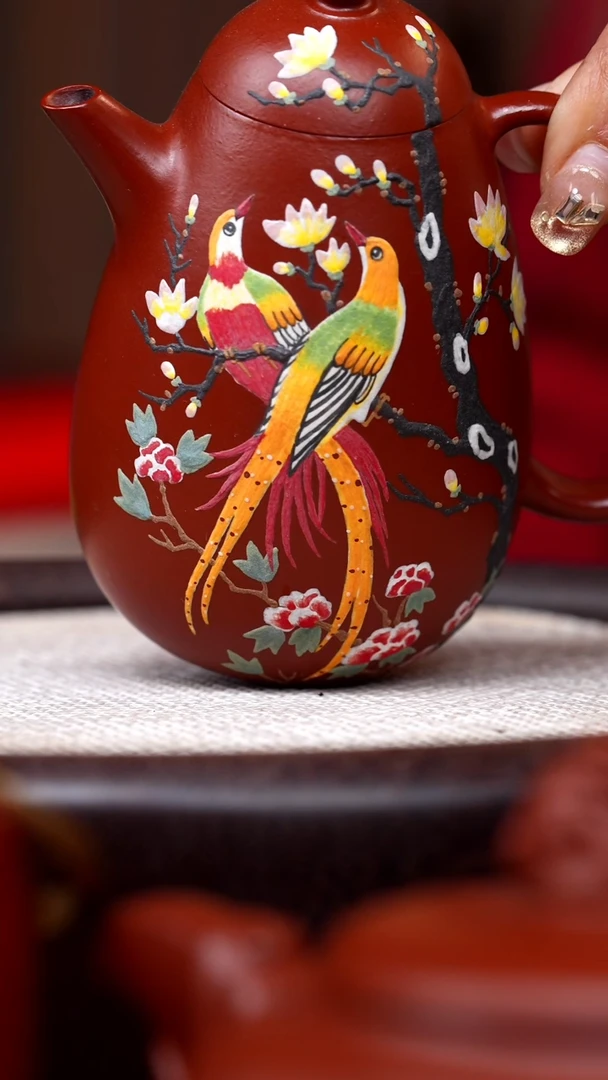 【闪购商品】紫砂茶壶朱泥高龙蛋泥绘双鸟