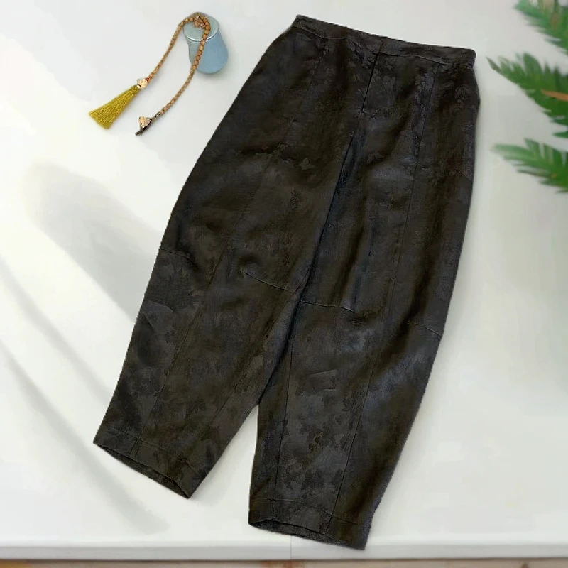 知羽.香云【蝶影】新中式桑蚕丝香云纱提花罗时尚经典小脚裤ZY2518