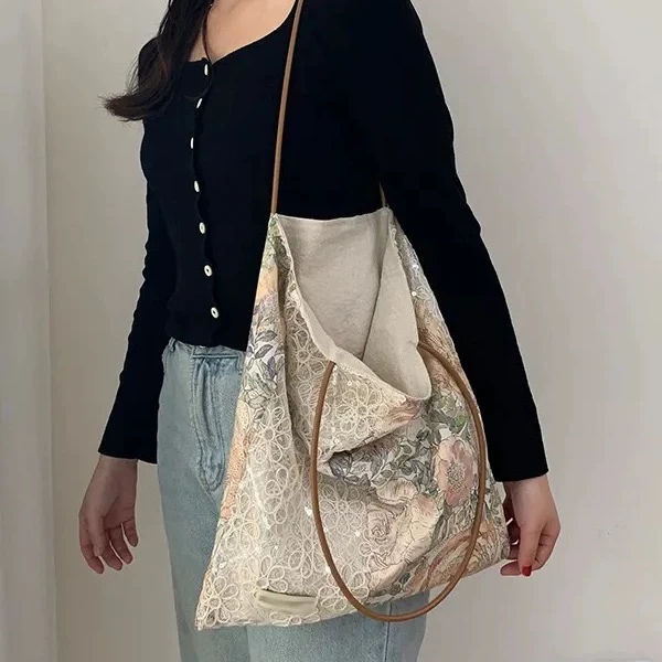 E823 玫瑰蕾丝帆布包包夏天单肩托特包慵懒通勤女