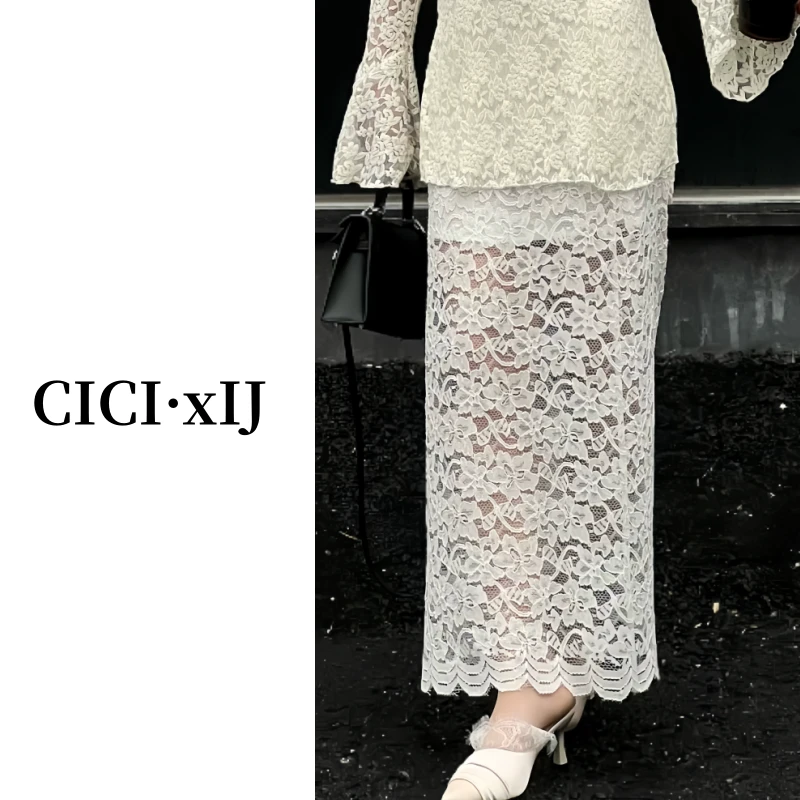 CICI囍见 【春暖花开】重工立体绣花半身裙中长款直筒蕾丝裙女