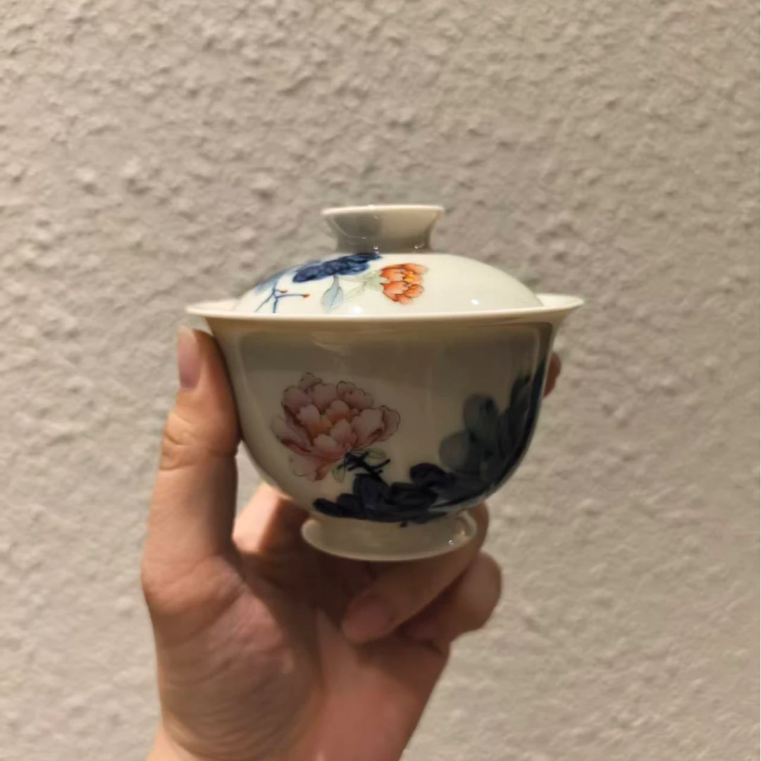 柴窑青花斗彩牡丹盖碗HJSF0291+柴窑青花斗彩牡丹单杯HJSF0292