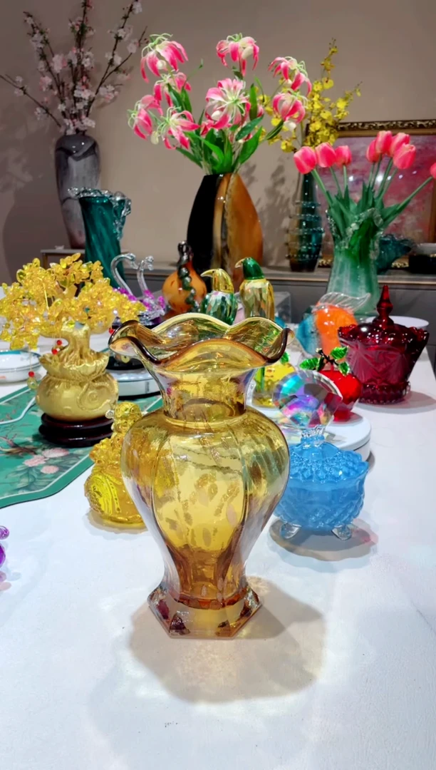 【闪购商品】琉璃手工艺品 金色 透明洒金芬顿花瓶（高款）