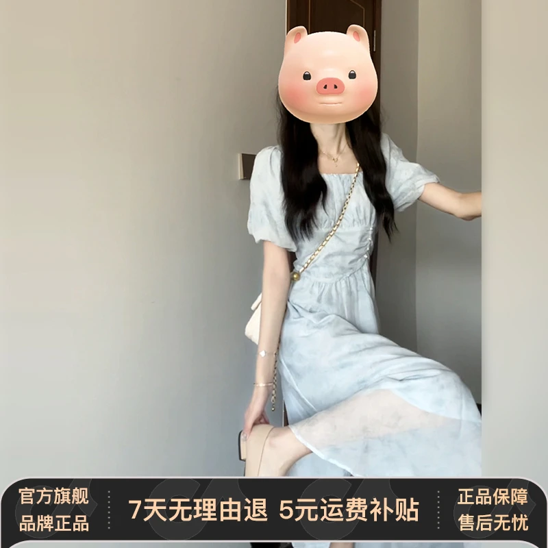 法式泡泡袖蓝色女装连衣裙子夏季2025新款甜美温柔风显瘦气质长裙