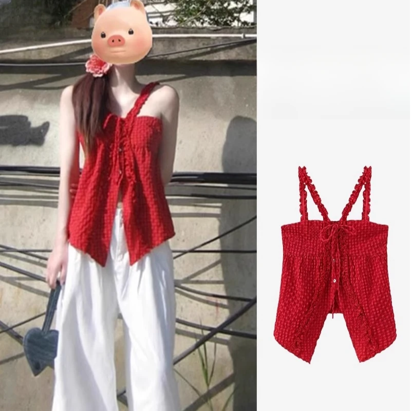 韩系小众肌理感挂脖无袖吊带背心女夏季小众别致绝美独特露肩上衣