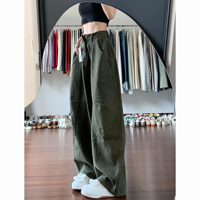 军绿色阔腿弯刀牛仔裤女2025秋季新款设计感宽松显瘦垂感拖地裤子