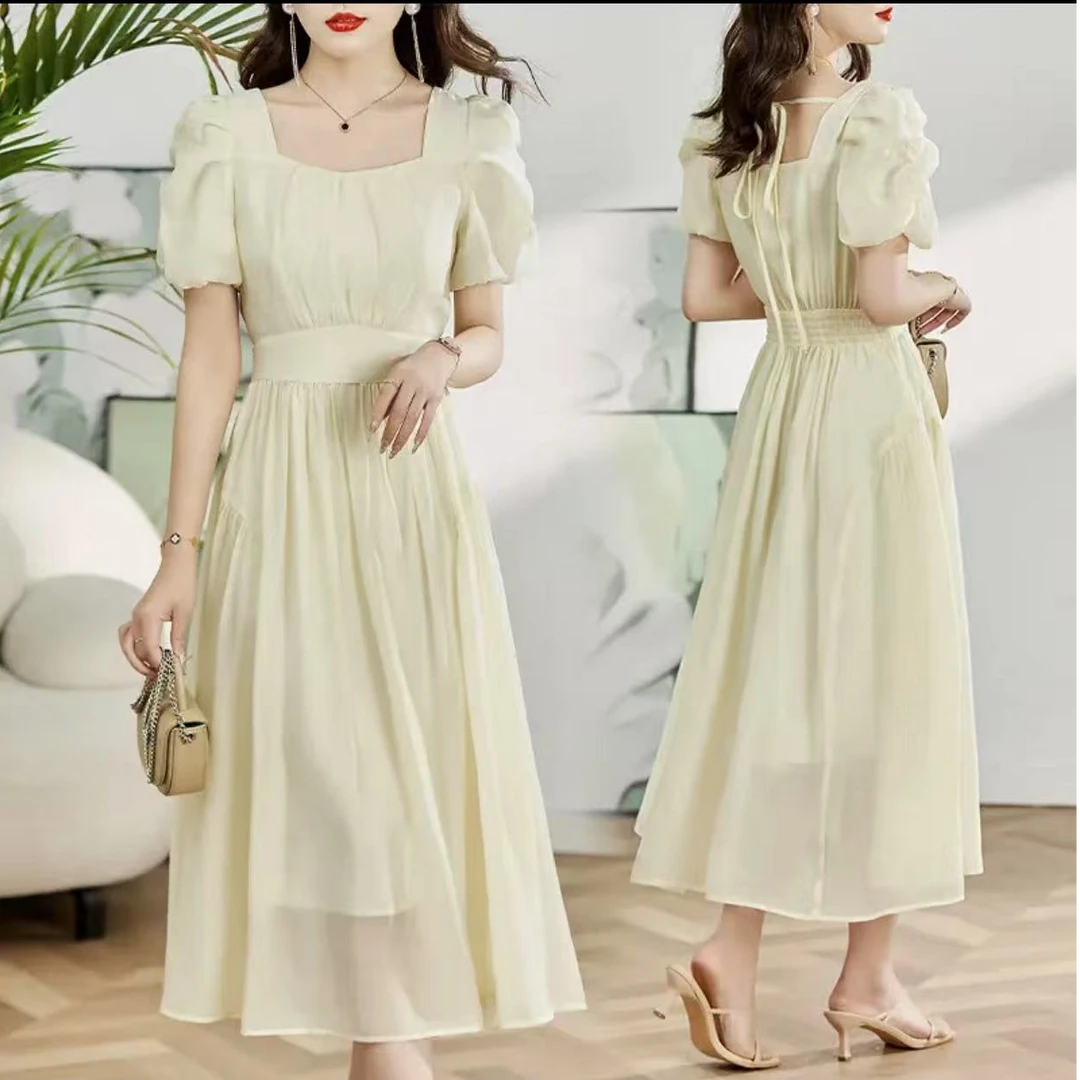 夏季新款方领泡泡短袖收腰显瘦减龄中长款连衣裙2392#