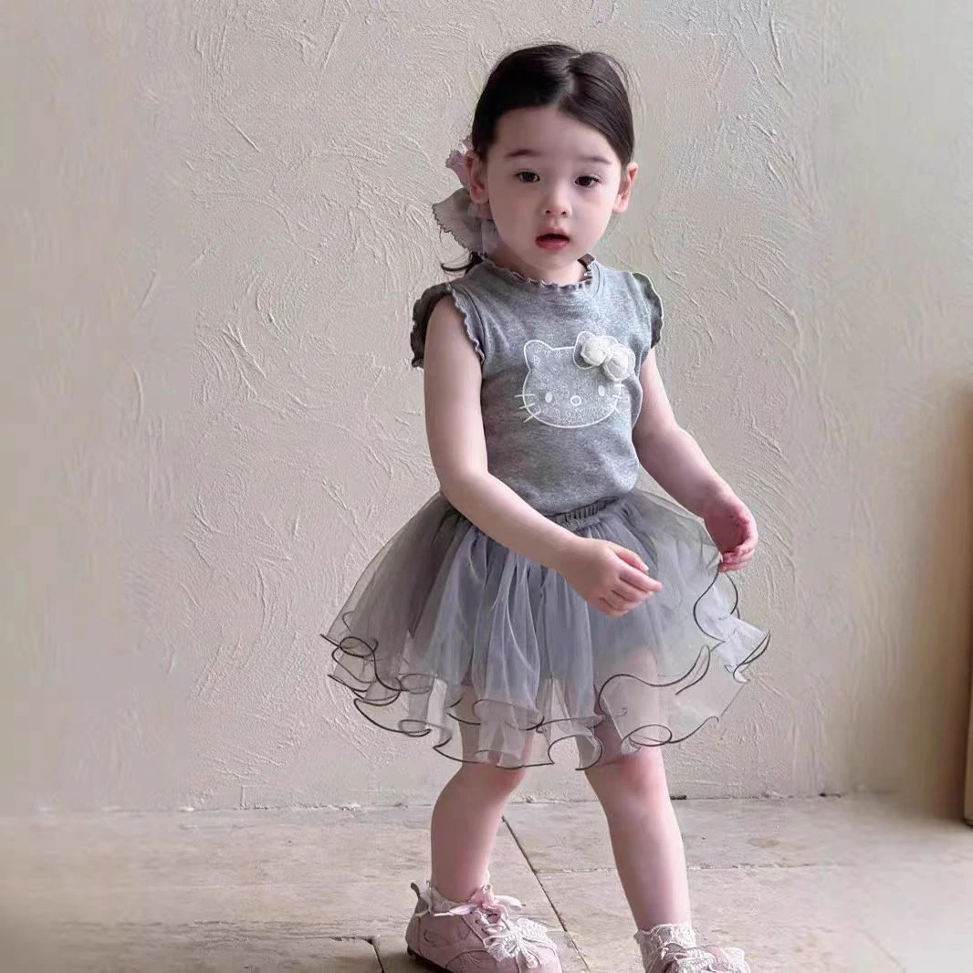 女童洋气套装两件套波浪上衣儿童网纱短裙夏季时髦KT猫咪短袖宝宝